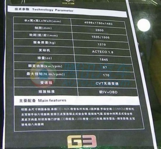 发动机动力参数 对比奇瑞A3的顶配1.8L自动挡车型,奇瑞A3整备质量1385kg,工信部公布的百公里油耗9.1L,而瑞麒G3的1.8CVT车型在整备上还要略轻一点,为1370kg,百公里油耗主要是得益于CVT变速箱的使用,降低到了8.3L,降幅比较明显。 车轮尺寸碍于原有的A5车型设计,依然显得有些小,不过配置195/55R15的车轮和七幅双叉铝合金轮毂,视觉上还是比奇瑞A5好了很多。同时瑞麒G3的备用车胎也是使用相同款式铝合金轮毂的全尺寸车胎。