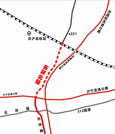 快速路北延在沪宁高速苏州互通出入口立交区内已按双向六车道标准建成